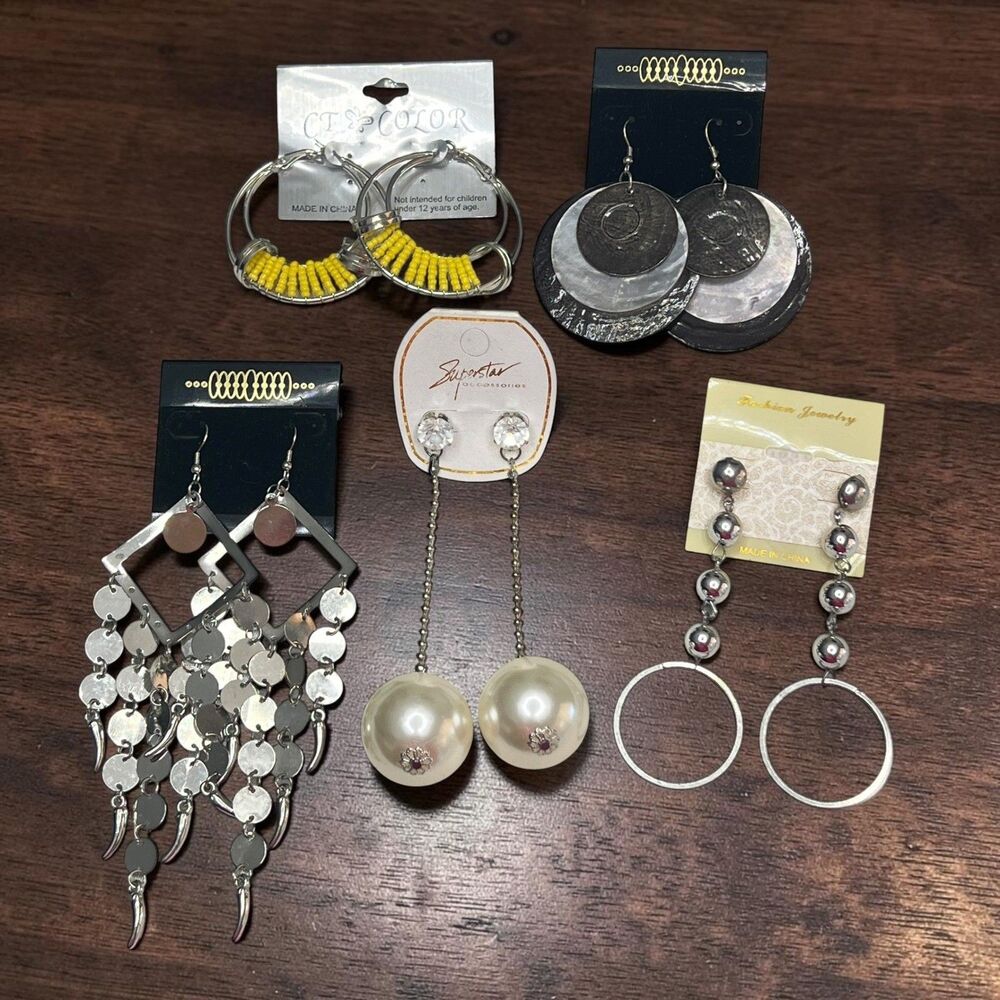 Lot of 5 Statement Earrings Silver Tone Pearl Yellow Bead Geometric Chandelier